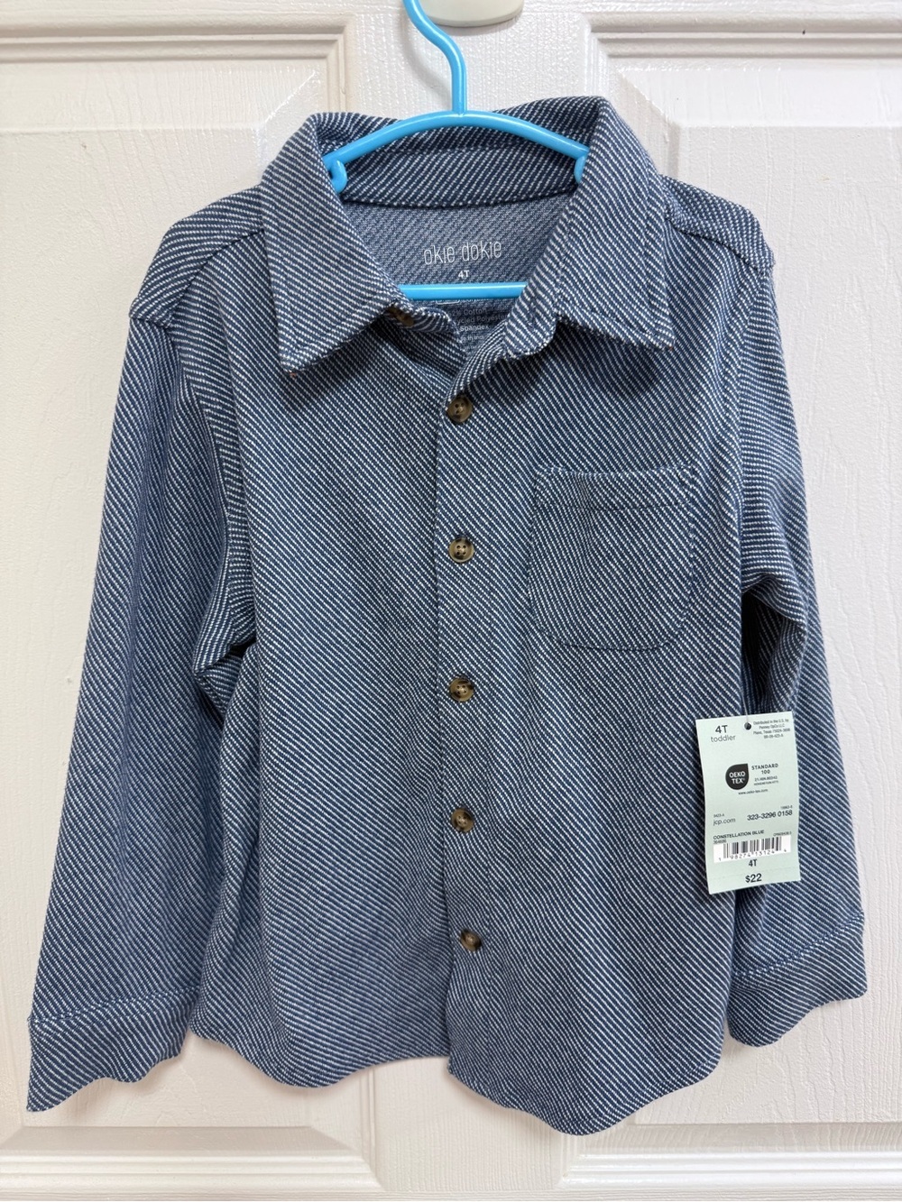 okie dokie Blue & White Diagonal Stripe Toddler Shirt, Size 4T